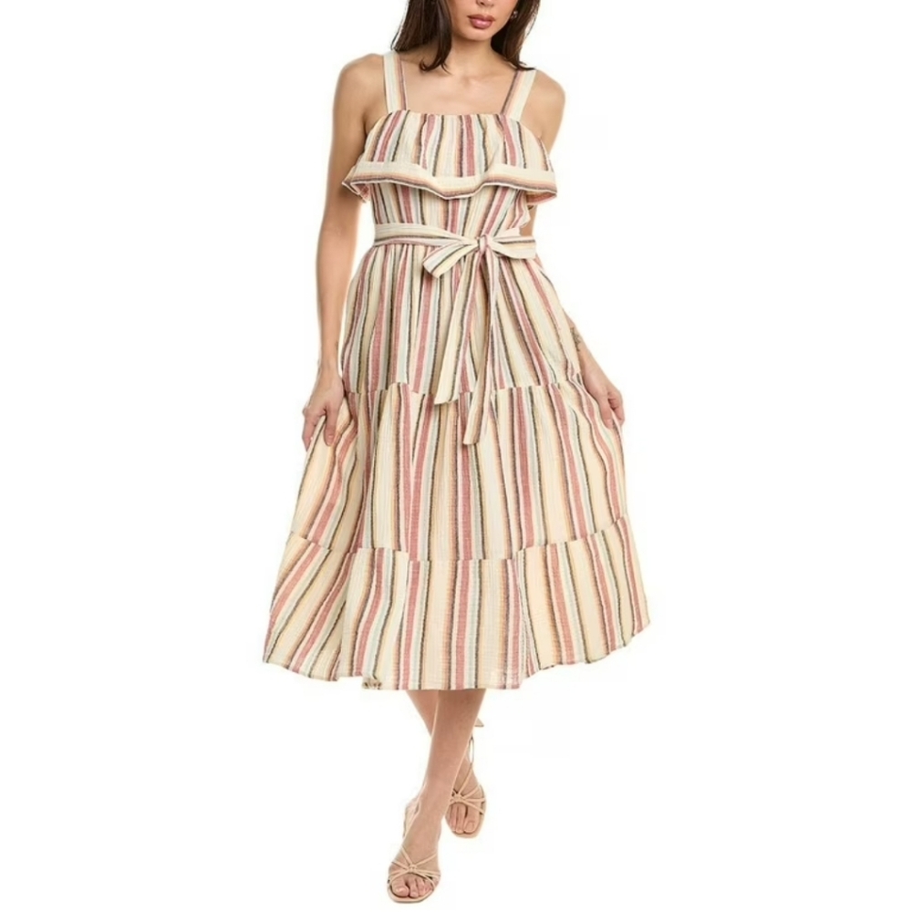 Maison Tara Dress‎ Size 6 Gauze Midi Striped Sundress Tiered Waist Sash Pockets